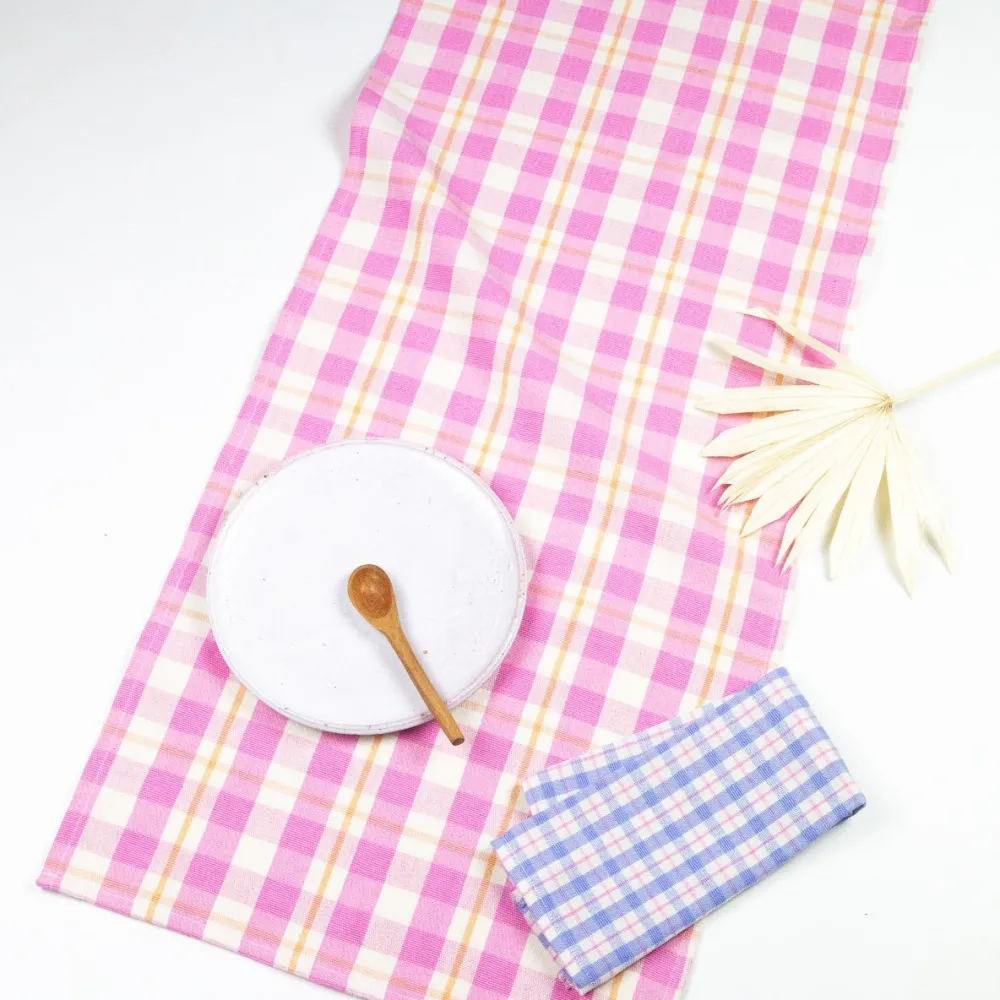 Clearance Archive New York Abigail Plaid Table Runner in Bubblegum and Peach