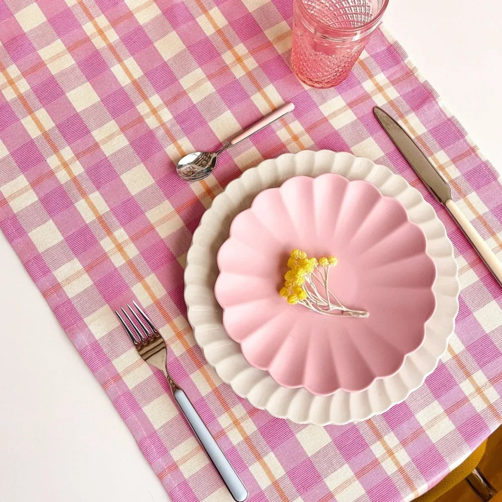 Clearance Archive New York Abigail Plaid Table Runner in Bubblegum and Peach