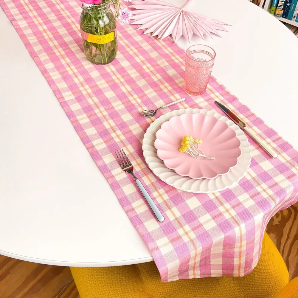Clearance Archive New York Abigail Plaid Table Runner in Bubblegum and Peach