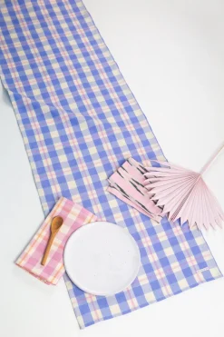 Online Archive New York Abigail Plaid Table Runner in Periwinkle Blue and Pink