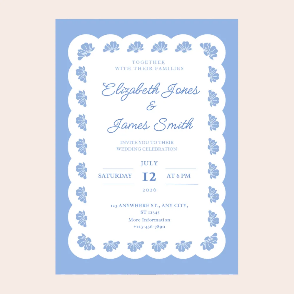 Sale Bonjour Fete Belle Blue Lacy Floral Digital Party Invitation Download