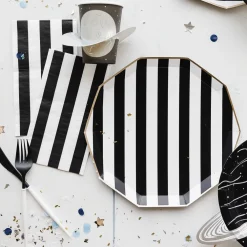 New Bonjour Fete Black Noir Signature Cabana Stripe Plates