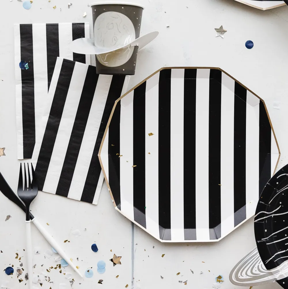 New Bonjour Fete Black Noir Signature Cabana Stripe Plates