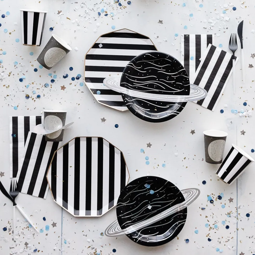 New Bonjour Fete Black Noir Signature Cabana Stripe Plates