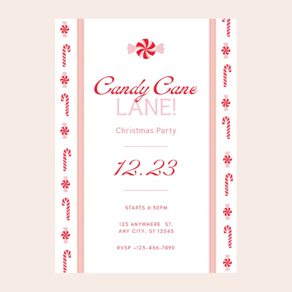 Online Bonjour Fete Candy Cane Christmas Digital Party Invitation
