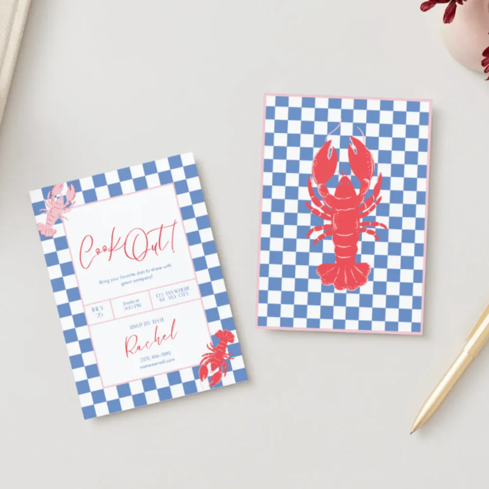 Hot Bonjour Fete Checkered Lobster Digital Party Invitation Download