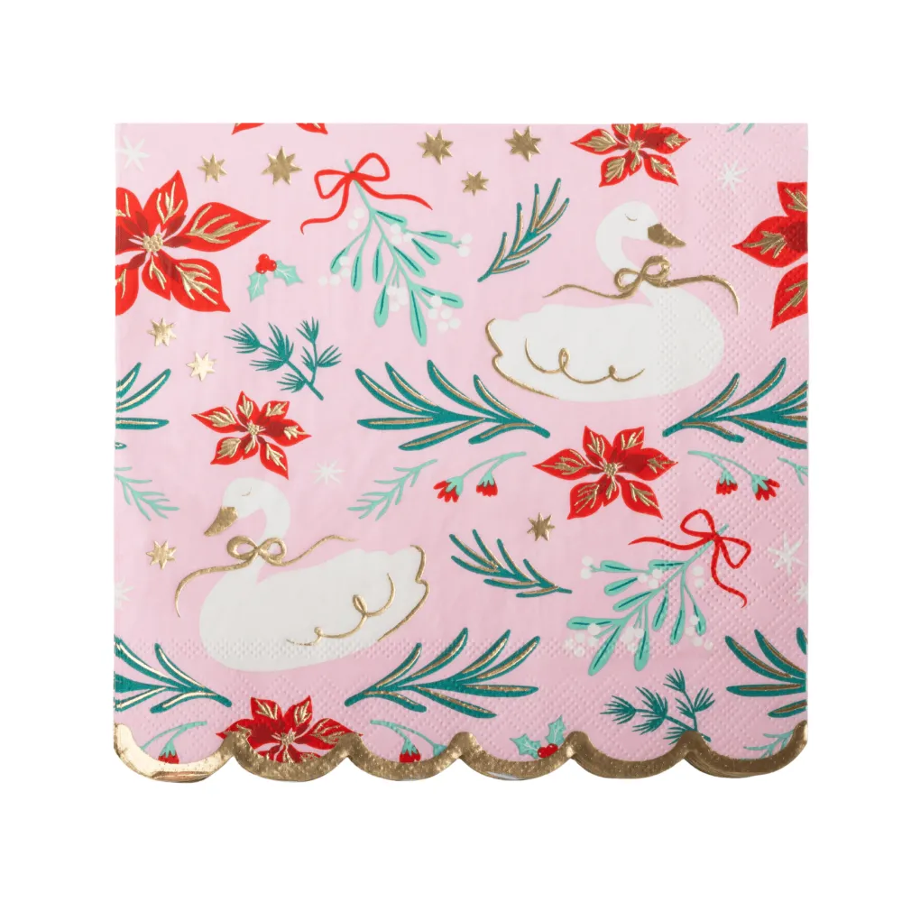 Online Bonjour Fete Christmas Floral Swan Print Large Pink Napkins