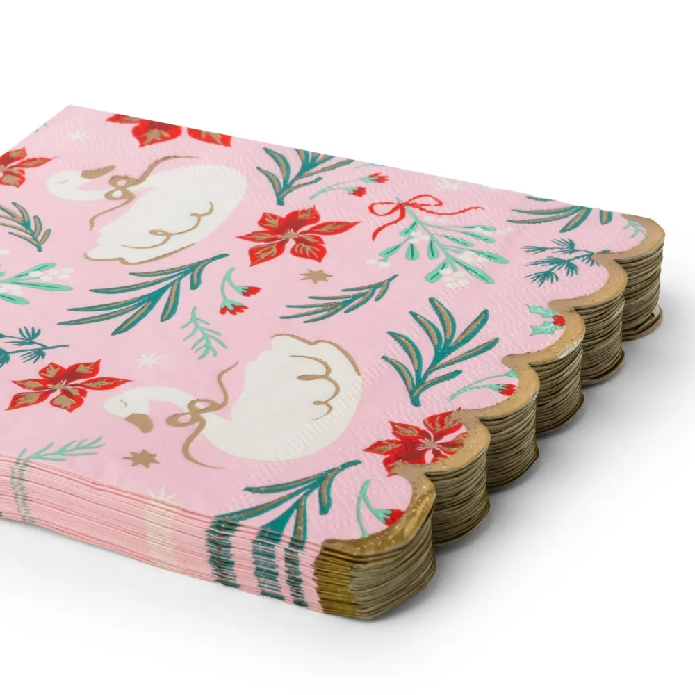 Online Bonjour Fete Christmas Floral Swan Print Large Pink Napkins