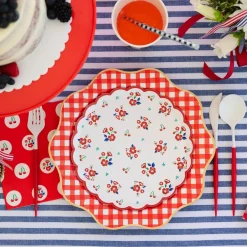 Clearance Bonjour Fete Elegant Cherry Red Gingham Dinner Plates