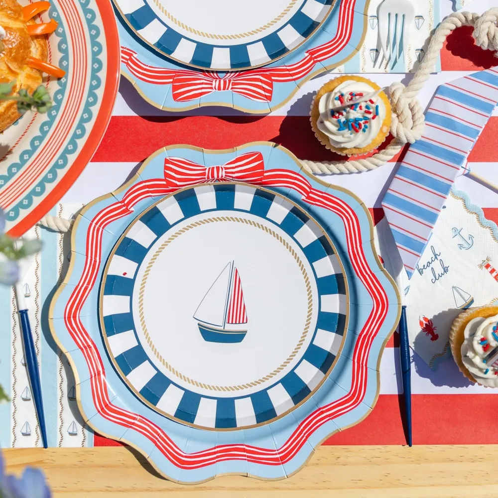 Outlet Bonjour Fete Elegant Sky Blue & Red Bow Dinner Plates
