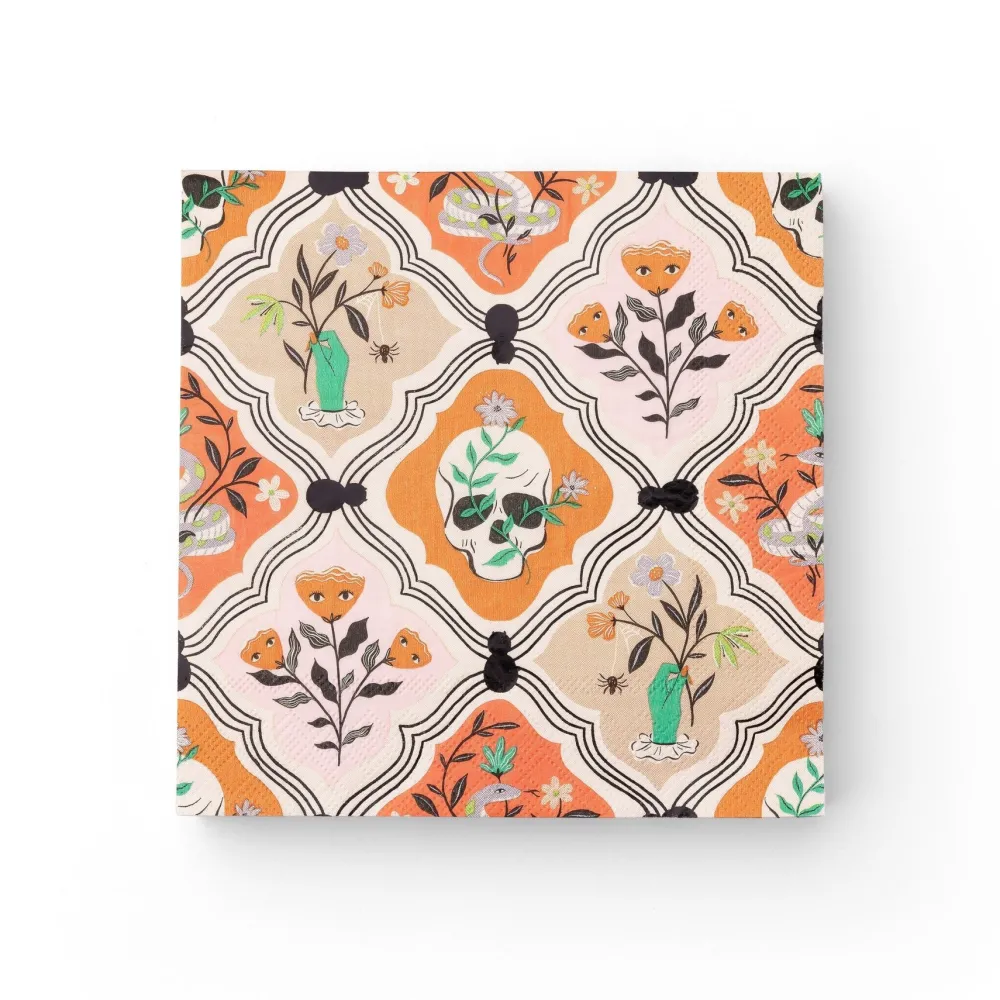Sale Bonjour Fete Floral Halloween Skulls & Spiders Dinner Napkins