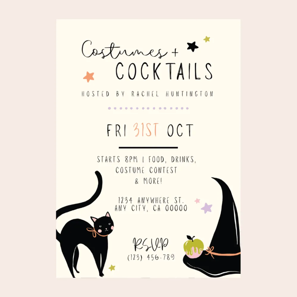 New Bonjour Fete Frills and Thrills Black Cat and Witch Hat Party Digital Party Invitation