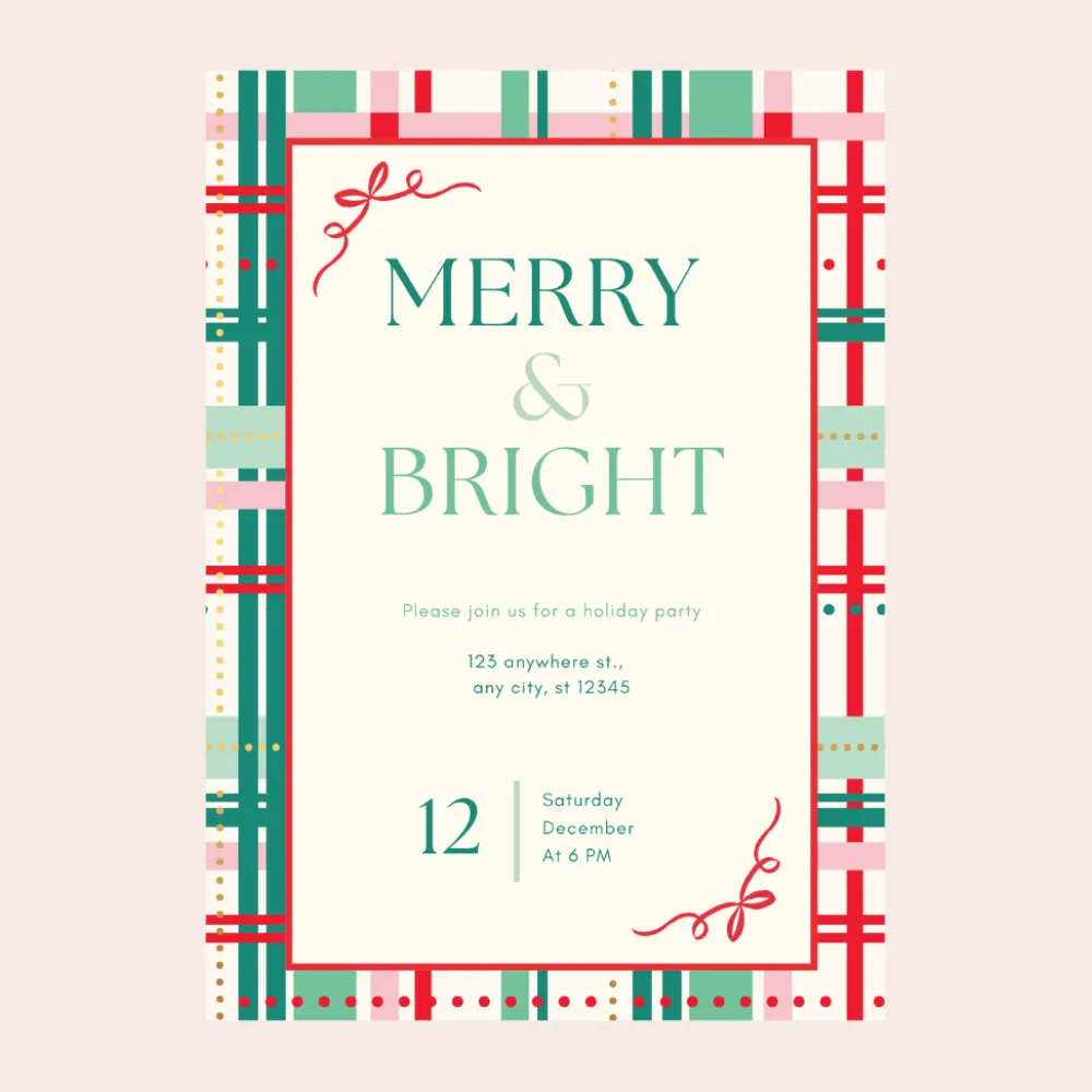 New Bonjour Fete Merry & Bright Plaid Christmas Digital Party Invitation