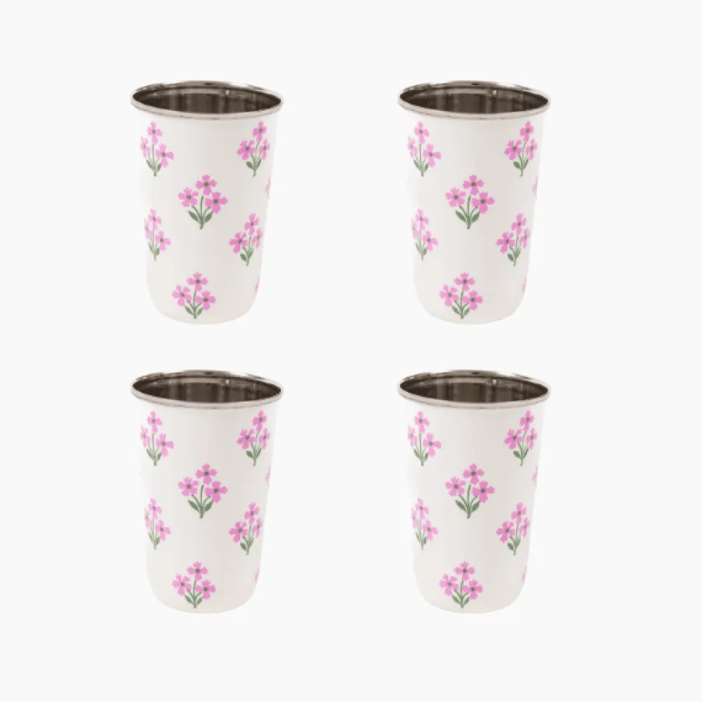New Trudie Pink Floral Tall Enamelware Tumblers - Set of 4