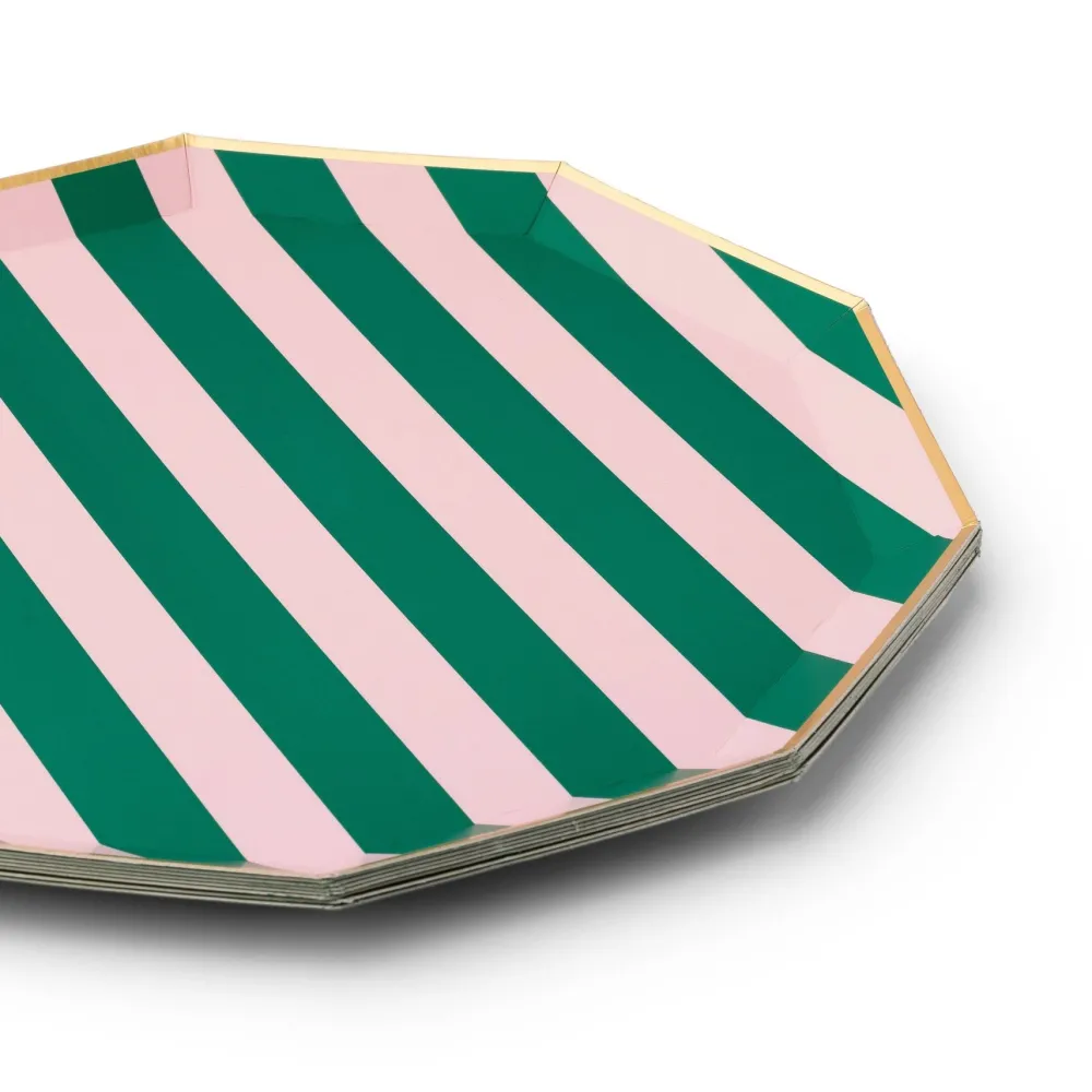 Outlet Bonjour Fete Pink & Green Signature Cabana Stripe Large Plates