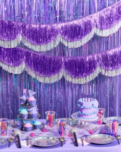 New xo, Fetti Purple & Silver Scallop Fringe Banner