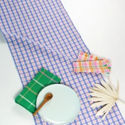 Hot Archive New York Sofia Plaid Table Runner in Periwinkle Blue and Pink