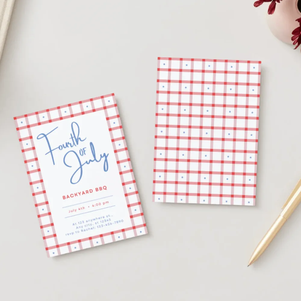 Discount Bonjour Fete 4th of July Gingham Digital Party Invitation Download