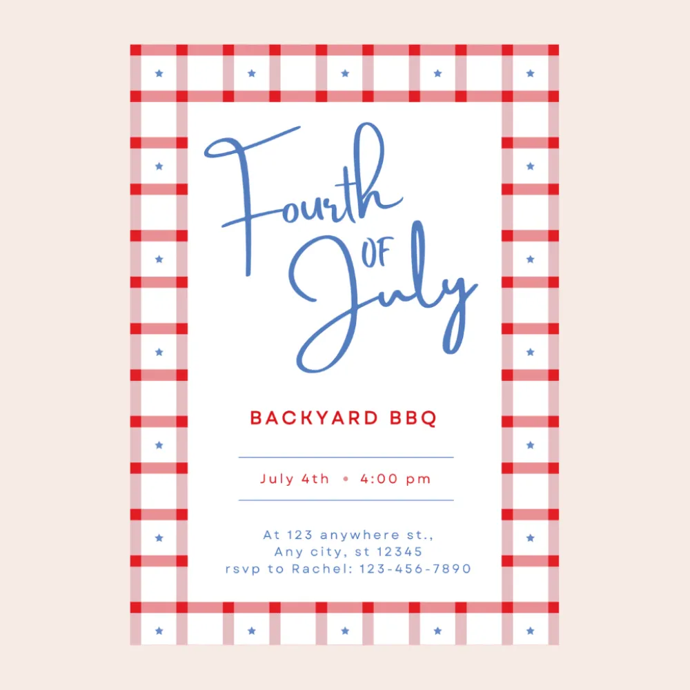 Discount Bonjour Fete 4th of July Gingham Digital Party Invitation Download