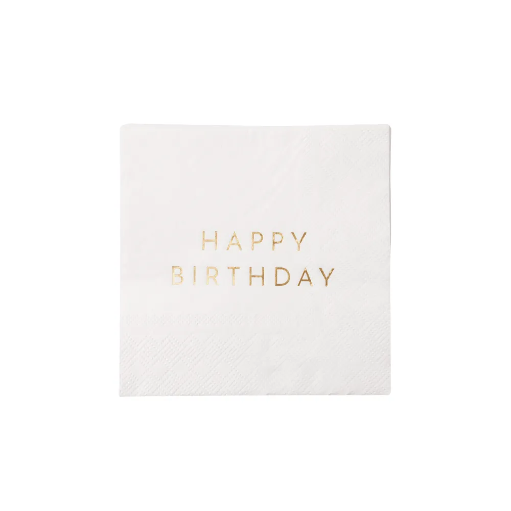 Clearance Bonjour Fete White & Gold Signature Happy Birthday Cocktail Napkins