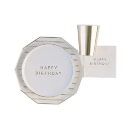 Clearance Bonjour Fete White & Gold Signature Happy Birthday Cocktail Napkins