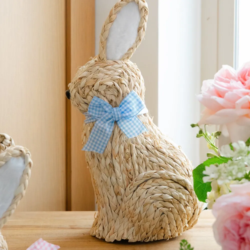 Sale Mud Pie Woven Bunny with Gingham Bow Decoration
